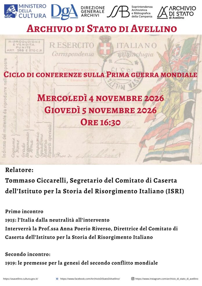 locandina_4_-_5_novembre Archivio di Stato di Avellino, due conferenze sulla Prima guerra mondiale: il 1915 e il 1919