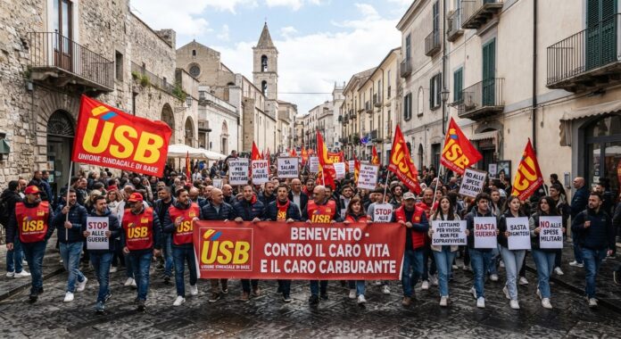 protesta Benevento, l’USB torna in piazza: «No al caro vita, al caro carburante e alle guerre»